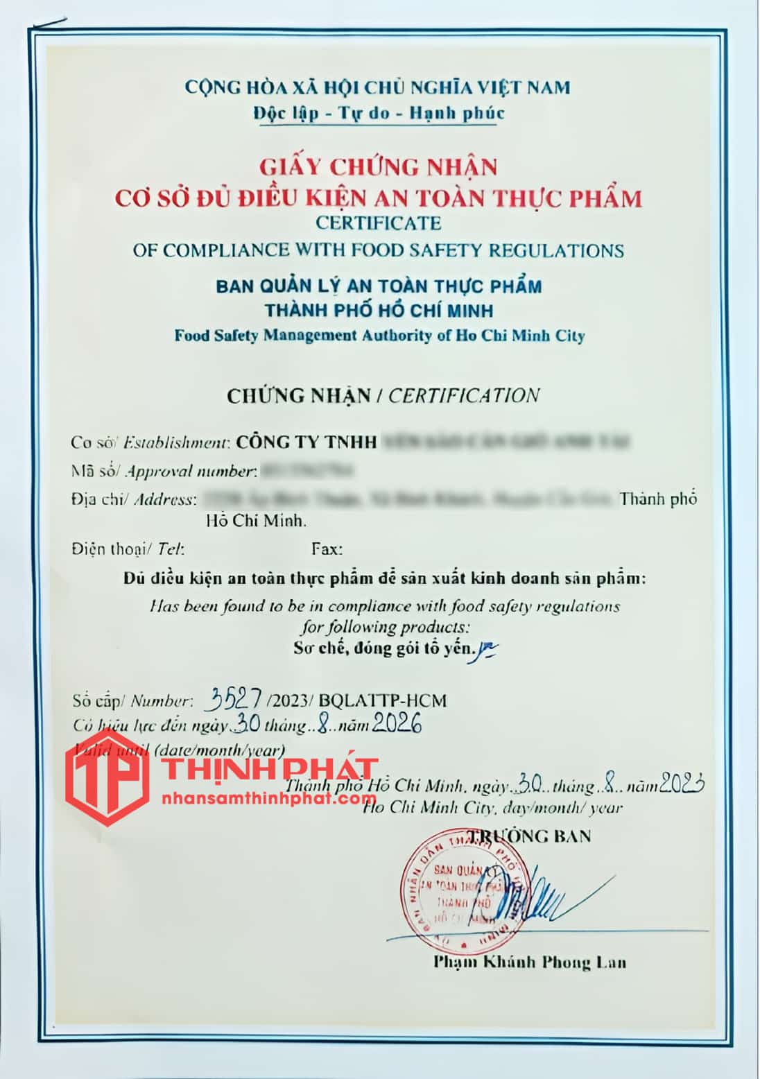 Giấy chứng nhận an toàn thực phẩm yến sào Cần Giờ Giấy chứng nhận an toàn thực phẩm yến sào Cần Giờ