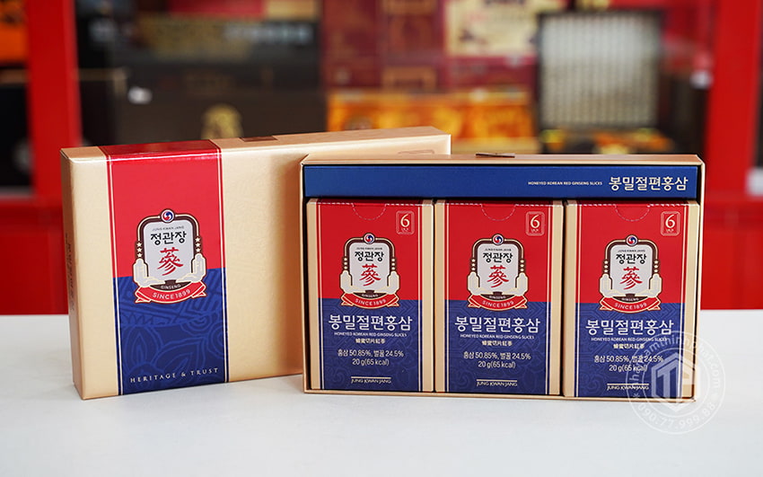 Hồng sâm lát tẩm mật ong KGC Sâm Chính phủ cao cấp hộp 6 gói 120g - Jung Kwan Jang Hồng sâm lát tẩm mật ong KGC Sâm Chính phủ cao cấp hộp 6 gói 120g - Jung Kwan Jang