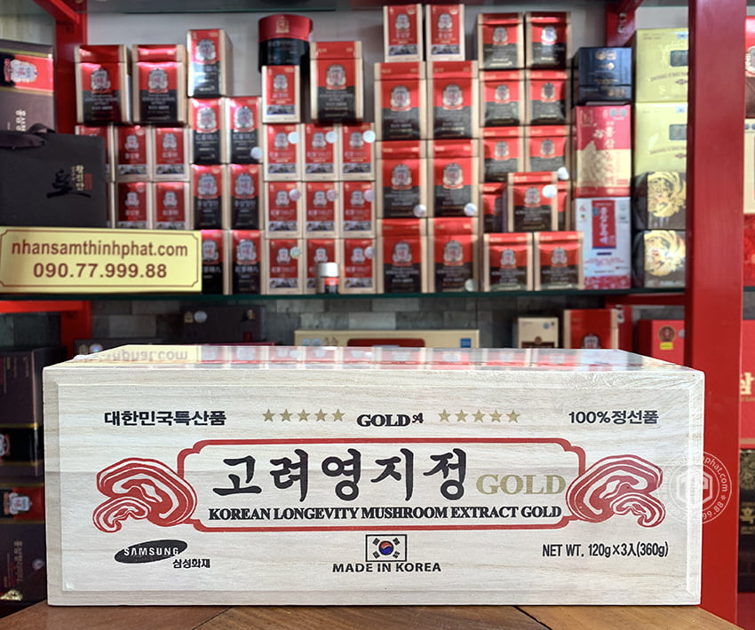 Cao linh chi Hàn Quốc sao vàng Gold hộp gỗ 3 lọ x 120g Cao linh chi Hàn Quốc sao vàng Gold hộp gỗ 3 lọ x 120g