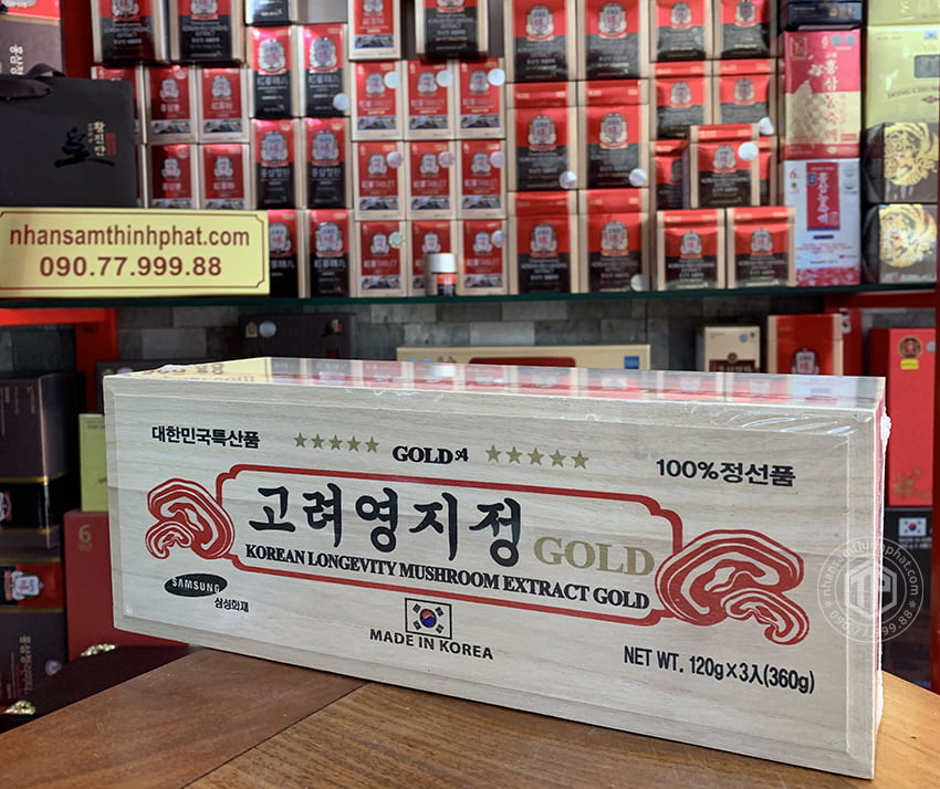 Cao linh chi Hàn Quốc sao vàng Gold hộp gỗ 3 lọ x 120g Cao linh chi Hàn Quốc sao vàng Gold hộp gỗ 3 lọ x 120g